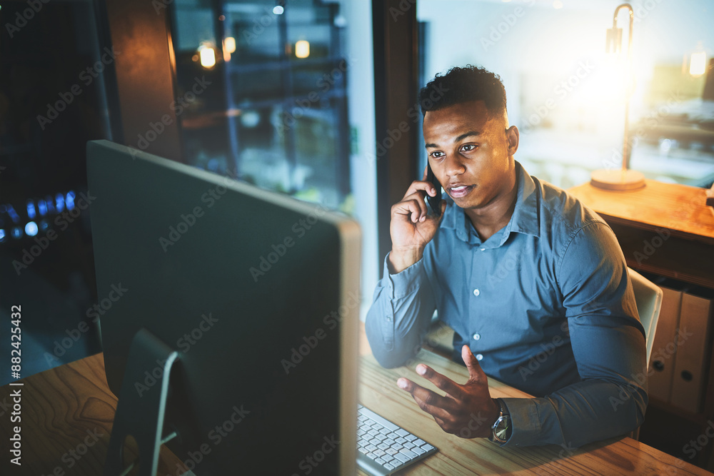 Poster dark, office and businessman at computer with phone call, connection and lead generation at tech sta