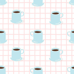 Hand drawn coffee mug seamless pattern. Breakfast caffeine drink cup background illustration. Energy beverage, espresso hot drink wallpaper texture.	
