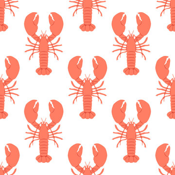 Hand drawn vintage lobster sea food seamless pattern. Marine animal background illustration with crawfish, restaurant cooking ingredient wallpaper texture print.