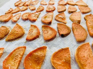 Freshly baked sweet potato slices.
