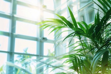 Naklejka premium Bright green palm leaves in a modern glass building with sunlight streaming through, creating a fresh and vibrant atmosphere, highlighting indoor greenery.
