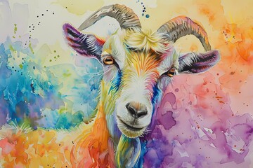 A close-up watercolor painting of a goat with colorful fur