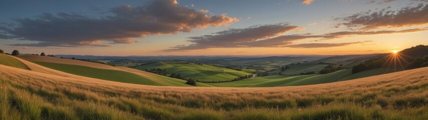 Obraz premium A vibrant sunset casts a golden glow over rolling hills and fields, captured from a low angle to showcase the stunning gradient of colors.