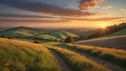 Fototapeta premium A vibrant sunset casts a golden glow over rolling hills and fields, captured from a low angle to showcase the stunning gradient of colors.