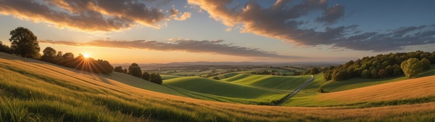A vibrant sunset casts a golden glow over rolling hills and fields, captured from a low angle to showcase the stunning gradient of colors.
