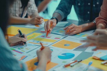 Fototapeta premium Group of people collaborating on charts and graphs, analyzing data and discussing strategies during a business meeting.