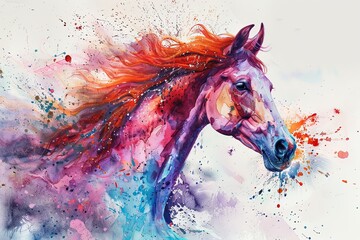 A close-up watercolor painting of a horses head with bright splashes of color