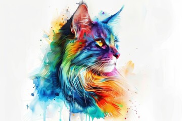 Obraz premium Watercolor painting of a Maine Coon cat with a colorful and vibrant background