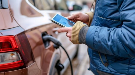 Man using app to manage electric car charging