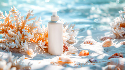 Mock up white cosmetic product bottle on a sandy seabed surrounded by coral and seashells. Perfect setting for a product showcasing the beauty and tranquility of the ocean. Copy space