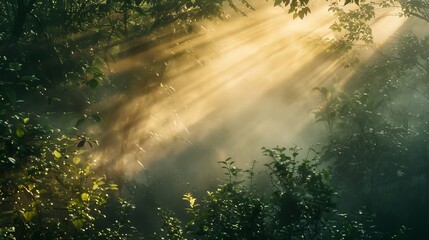 Sunbeams Through a Misty Forest