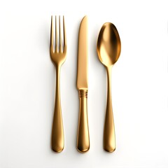golden color Cutlery set with Fork, Knife and Spoon isolated on white background