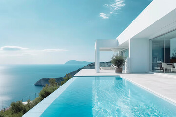 Fototapeta premium Modern and luxurious white villa with infinity pool and sea views.