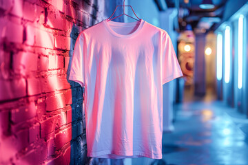 Mock up white t-shirt on a hanger, bathed in the vibrant glow of pink and blue neon lights. Unisex style. Cotton. Space for design or lettering