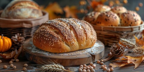 Harvest bread and grains for National Harvest Bread Day, November 18th, rustic loaves, autumn flavors, festive table