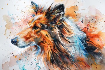 Naklejka premium A watercolor painting of a Shetland Sheepdog with vibrant colors