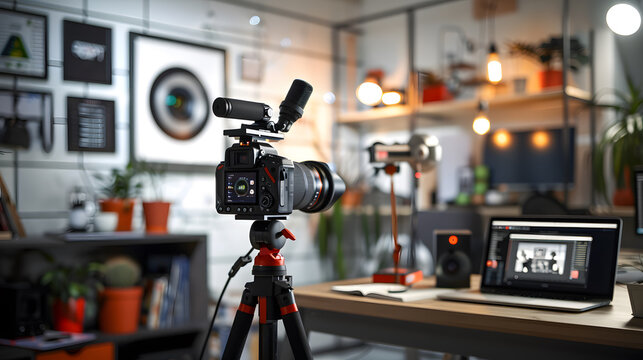 To set up a modern home studio for YouTube, youll need a camera, lighting, and a computer. Keywords include background, creativity, laptop, microphone, technology, tripod, and workspace