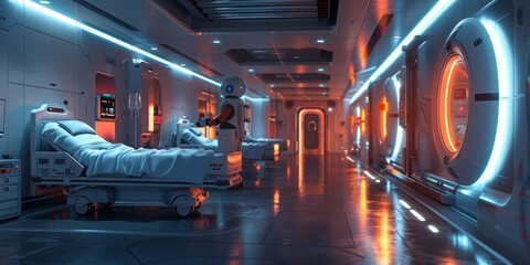 High-tech hospital room with robotic assistants and smart beds