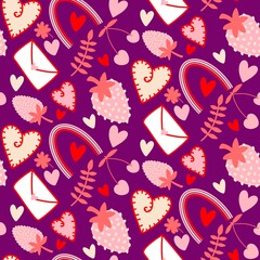 Fototapeta premium Cartoon doodle seamless cherry and strawberry and letters and rainbow pattern