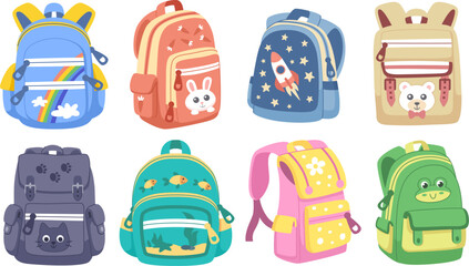 Cute childrens backpacks collection. Back to school colorful school bags with funny little animals. White background