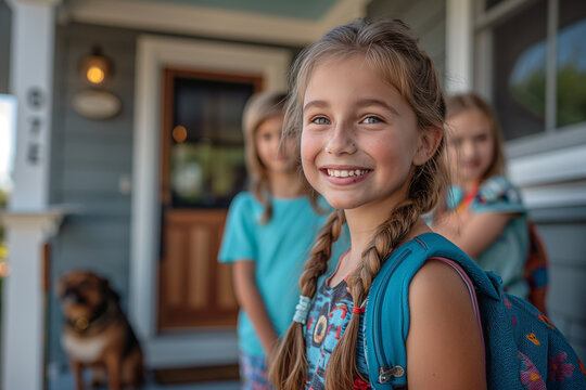 A girl with her hair in pigtails is smiling and holding a backpack
