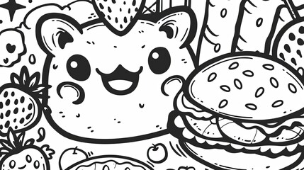 Cute Kawaii Bear Coloring Page With Adorable Strawberries, Burger, and Other Fun Designs for Kids