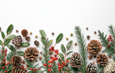 Obraz premium Winter Holiday Evergreen Branch and Pine Cone Arrangement on White Background