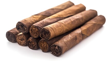 close up side view on cuban cigars pile heap on white background