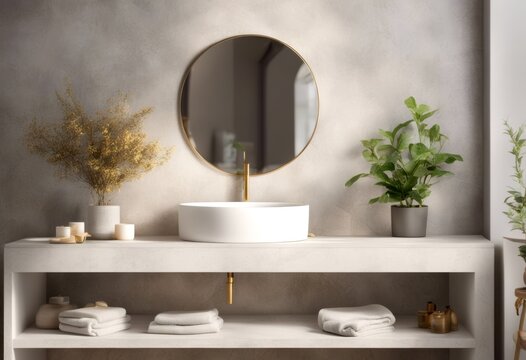 modern product golden top sunlight counter vanity background bathroom white render mockup faucet basin ceramic 3d empty morning blank granite products plants display washbasin wall space decor tiles