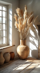 Cozy warm scandi home interior decoration flower on the vase of a chic country house, wood finishes, warm colors. AI Generative
