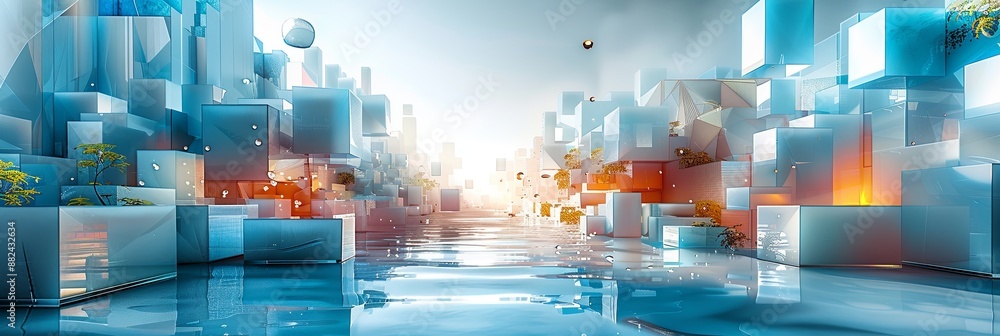 Poster vibrant blue cityscape featuring bouncy, transparent structures and abstract design