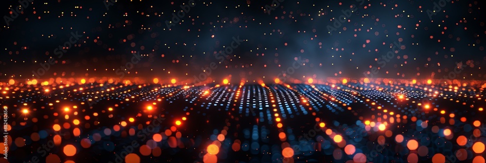 Fototapete Abstract Binary Code Pattern With Orange And Blue Lights On A Black Background