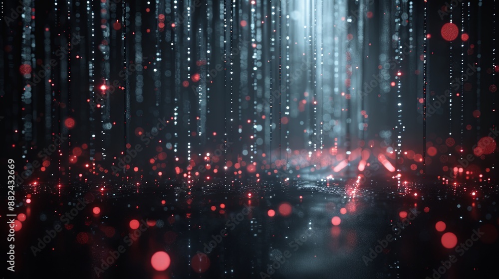 Poster abstract digital rain falling on dark background with eerie red glows creates a mysterious atmospher