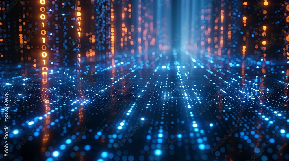 Poster An Abstract Digital Binary Code Pattern With Striking Blue and Orange Lights