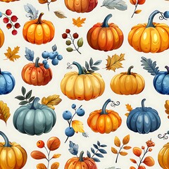 Seamless pattern with pastel pumpkins, leaves, and berries