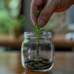 Hand places sapling in jar of coins, symbolizing growing investment in modern office. Bright office scene with sapling in jar, highlighting hopeful investment growth.