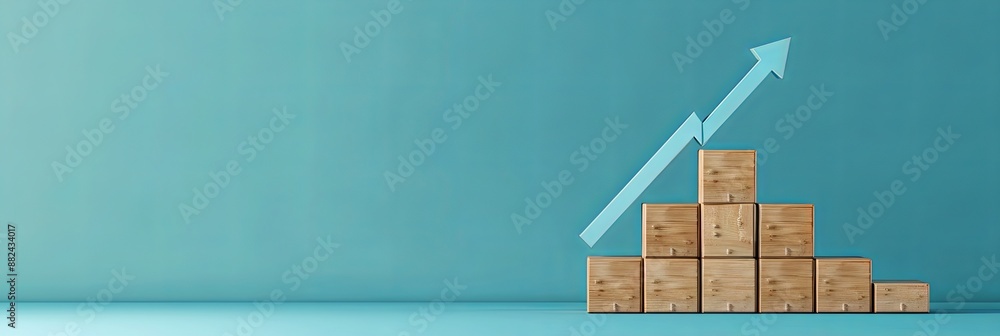Poster wooden blocks representing growth graph with upward arrow on blue background
