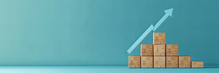 Wooden Blocks Representing Growth Graph With Upward Arrow on Blue Background