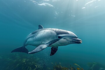 Fototapeta premium A Vaquita dolphin swimming gracefully in clear blue waters, its small, rounded body and distinctive dark patches around its eyes visible. 