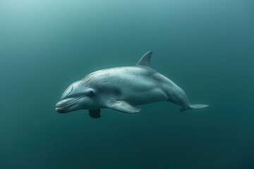Fototapeta premium A Vaquita dolphin swimming gracefully in clear blue waters, its small, rounded body and distinctive dark patches around its eyes visible. 