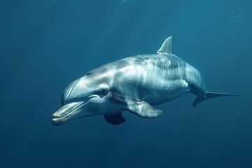 Fototapeta premium A Vaquita dolphin swimming gracefully in clear blue waters, its small, rounded body and distinctive dark patches around its eyes visible. 
