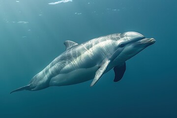 A Vaquita dolphin swimming gracefully in clear blue waters, its small, rounded body and distinctive dark patches around its eyes visible. 