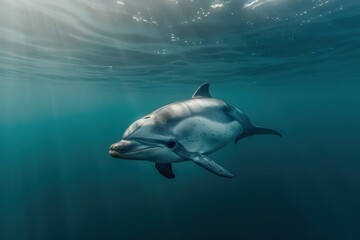Fototapeta premium A Vaquita dolphin swimming gracefully in clear blue waters, its small, rounded body and distinctive dark patches around its eyes visible. 