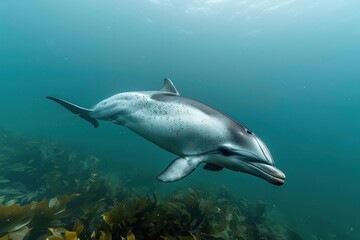 Fototapeta premium A Vaquita dolphin swimming gracefully in clear blue waters, its small, rounded body and distinctive dark patches around its eyes visible. 