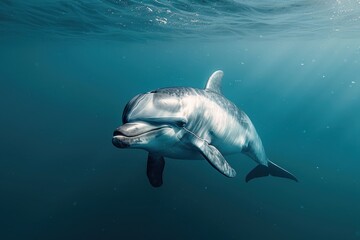 Fototapeta premium A Vaquita dolphin swimming gracefully in clear blue waters, its small, rounded body and distinctive dark patches around its eyes visible. 