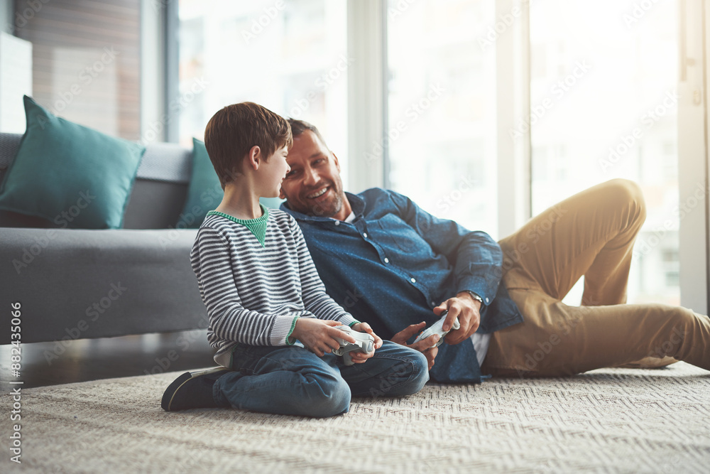 Canvas Prints Man, video game and kid with controller on floor for entertainment, love and fun competition together. Family, father and son with tech in living room for support, care or teaching of esports at home