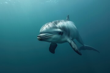 Naklejka premium A Vaquita dolphin swimming gracefully in clear blue waters, its small, rounded body and distinctive dark patches around its eyes visible. 