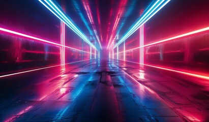Fototapeta premium Abstract Neon Lights Design With Pink and Blue Lines Converging in a Symmetrical Pattern