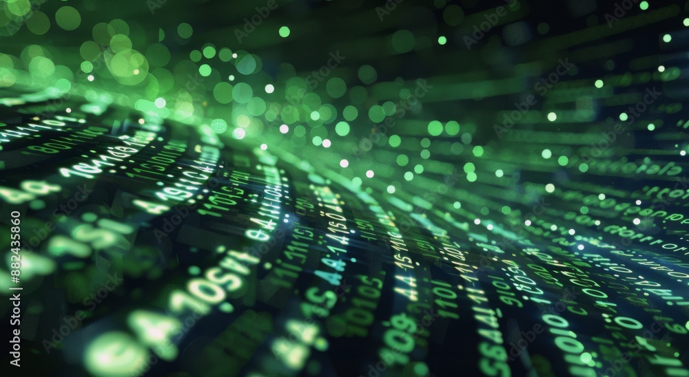 Poster abstract green digital data stream with light bokeh