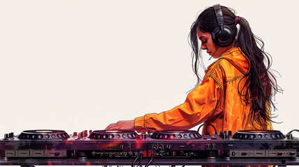 Young dj wearing headphones is mixing music on a digital console in a nightclub setting